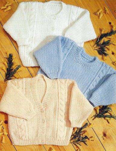 Baby Easy cable Cardigans- V neck round neck plus Jumper- DK ( 8 ply ) Light worsted Premature 12 - 24