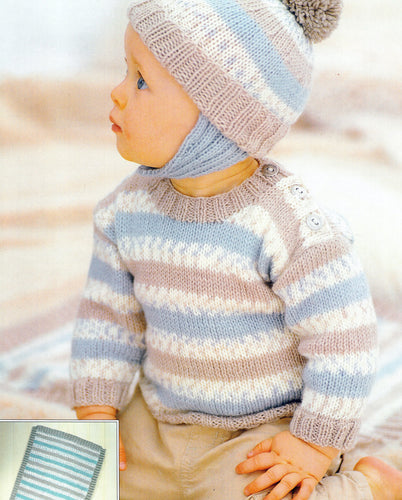 Baby Stripe Jumper Sweater Helmet & Blanket, side  button neck fastening- DK 8Ply Light worsted Knitting pattern download pdf 18 -26