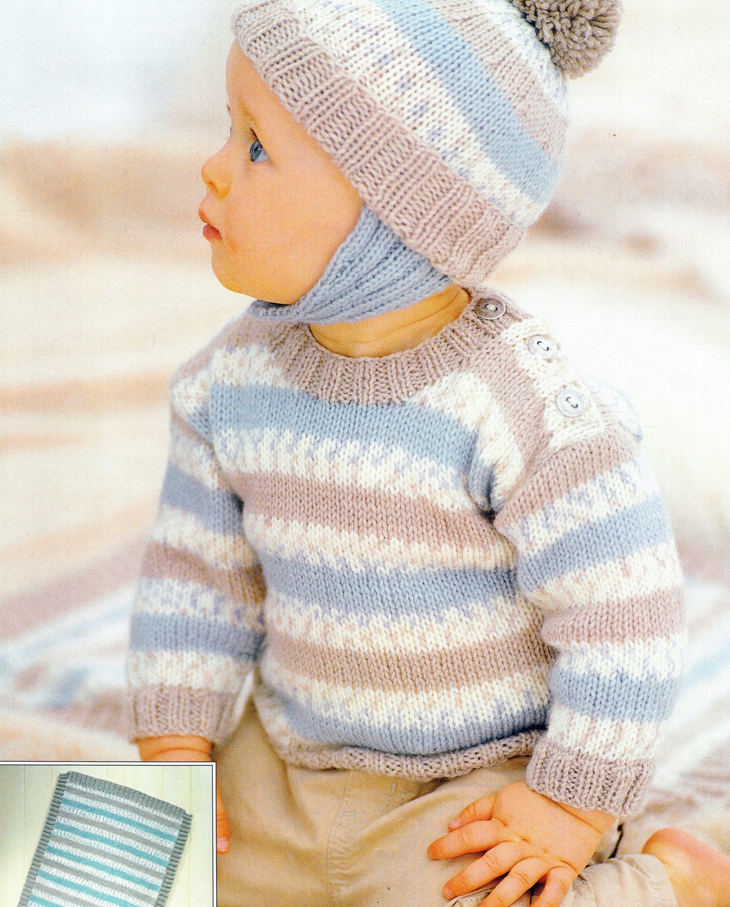 Baby Stripe Jumper Sweater Helmet & Blanket, side  button neck fastening- DK 8Ply Light worsted Knitting pattern download pdf 18 -26