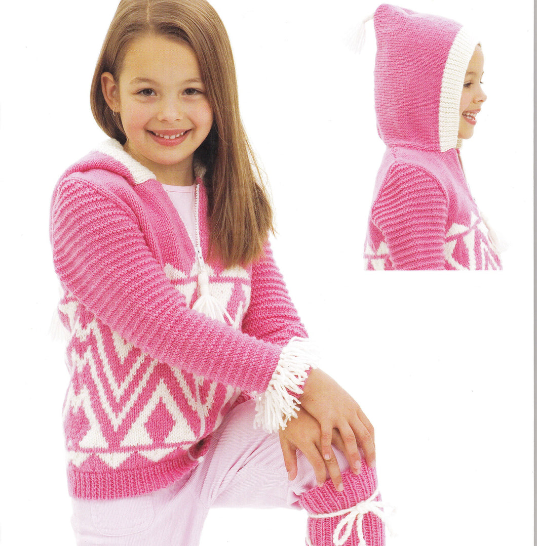 Girl'  Fair Isle Zipped Hooded Jacket-  Fringes sleeve  DK 8Ply Light worsted wool size 4 - 10 years Knitting Pattern Download PDF