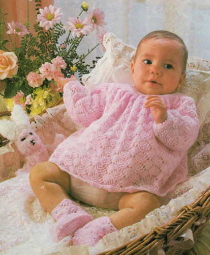 Baby Lacy Long sleeved Yoked dress & Bootees- 4Ply  Fingering wool 18