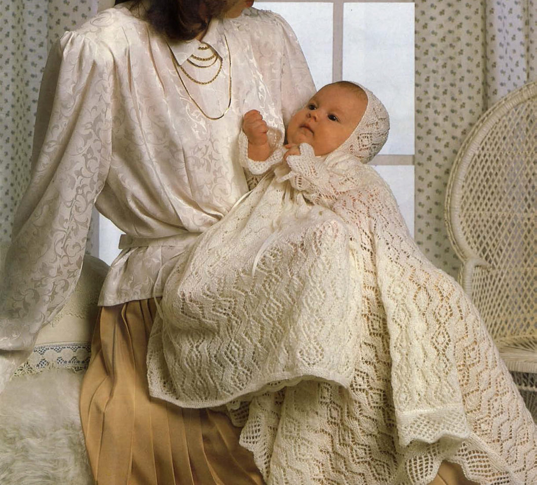 Baby Vintage  Christening Dress- Robe- Bonnet- Shawl - 2ply- Download  Knitting Pattern Download PDF 16