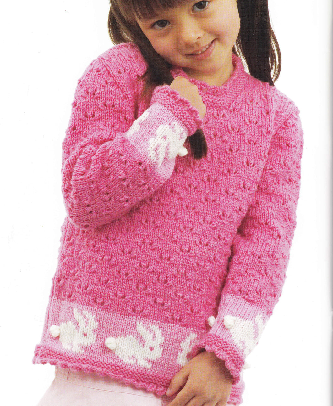 Girl' Textured Rabbit Trim Sweater Jumper in  DK 8Ply Light worsted wool size 4 - 10 years Knitting Pattern Download PDF