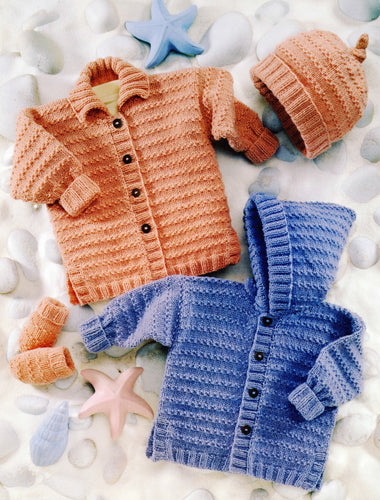 Baby Toddler Hooded Textured Jacket Cardigan with collar Hat Mitts Boys Girls DK 16-22