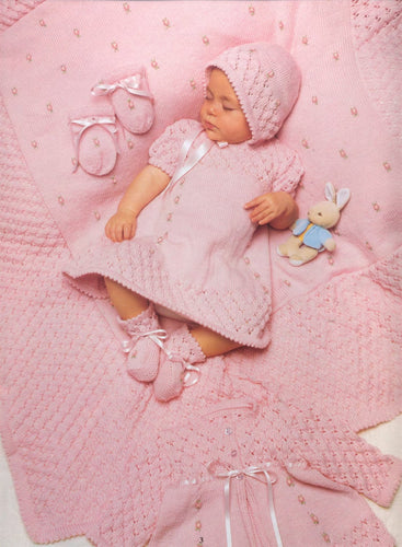 Baby Girl Short sleeved Rosebud Dress bootees bonnet mitts shawl & Jacket, picot edges 4ply Fingering Birth -6 mths Knitting pattern PDF
