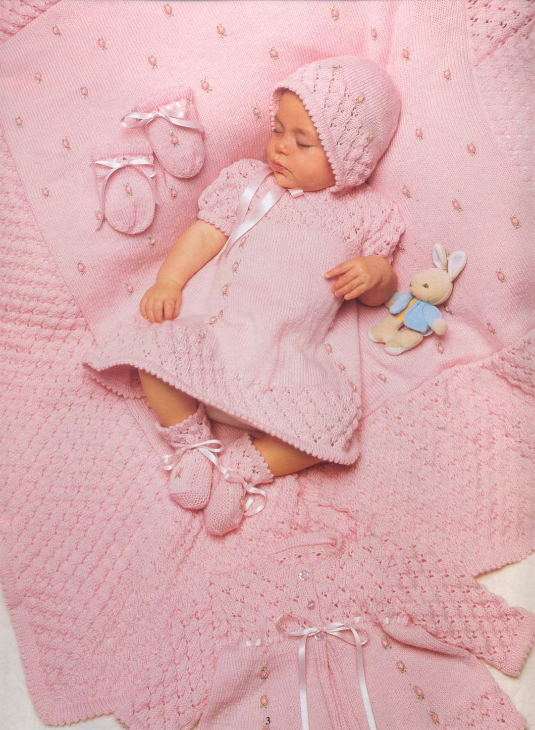 Baby Girl Short sleeved Rosebud Dress bootees bonnet mitts shawl & Jacket, picot edges 4ply Fingering Birth -6 mths Knitting pattern PDF