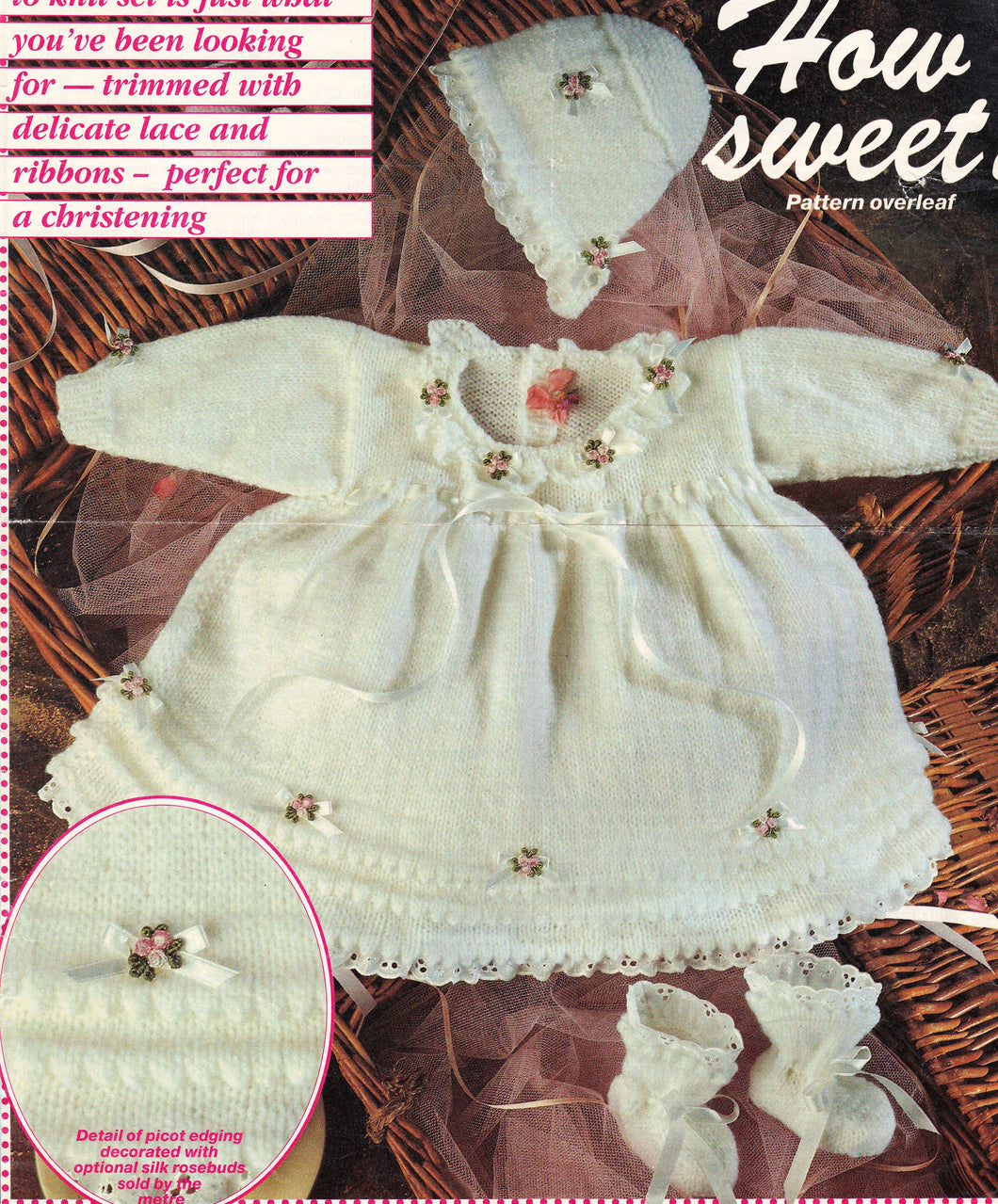 Baby Girl Long sleeved Rosebud Dress  Picot edges Button back  plus bootees 8ply DK light worsted wool -16