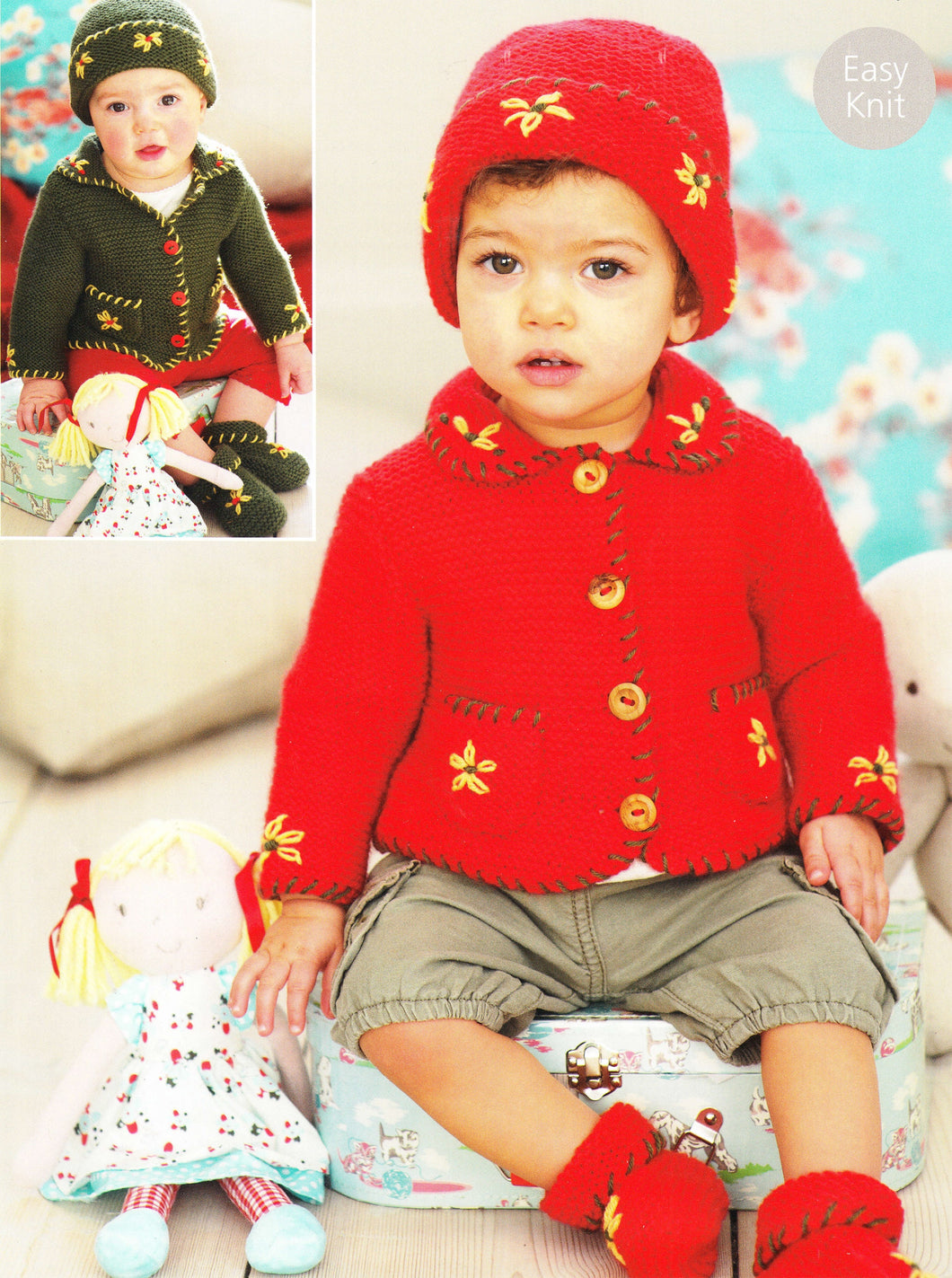 Child's Easy Garter stitch Round V neck Jackets & Beanie hat Boots DK 8 Ply 0-7 yrs (16-26