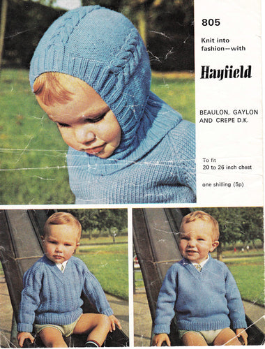 Baby Boy Balaclava Helmet & v neck Plain Textured  Raglan Sweaters Jumpers DK 8Ply wool 20-26