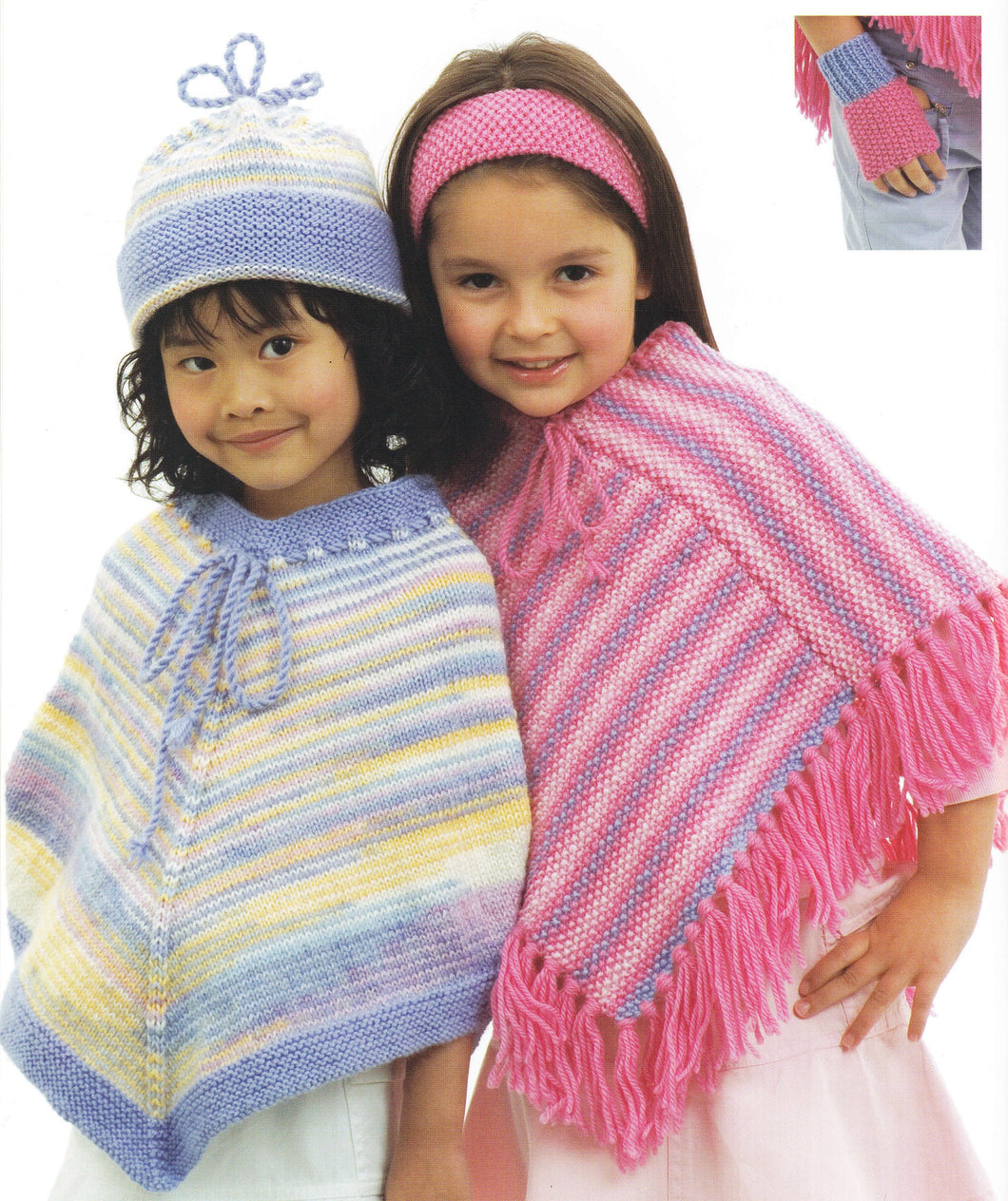 Girl's Poncho's Beanie Hat, headband & Fingerless gloves Fringed, DK 8Ply Light worsted wool size 4 - 10 years Knitting Pattern Download PDF