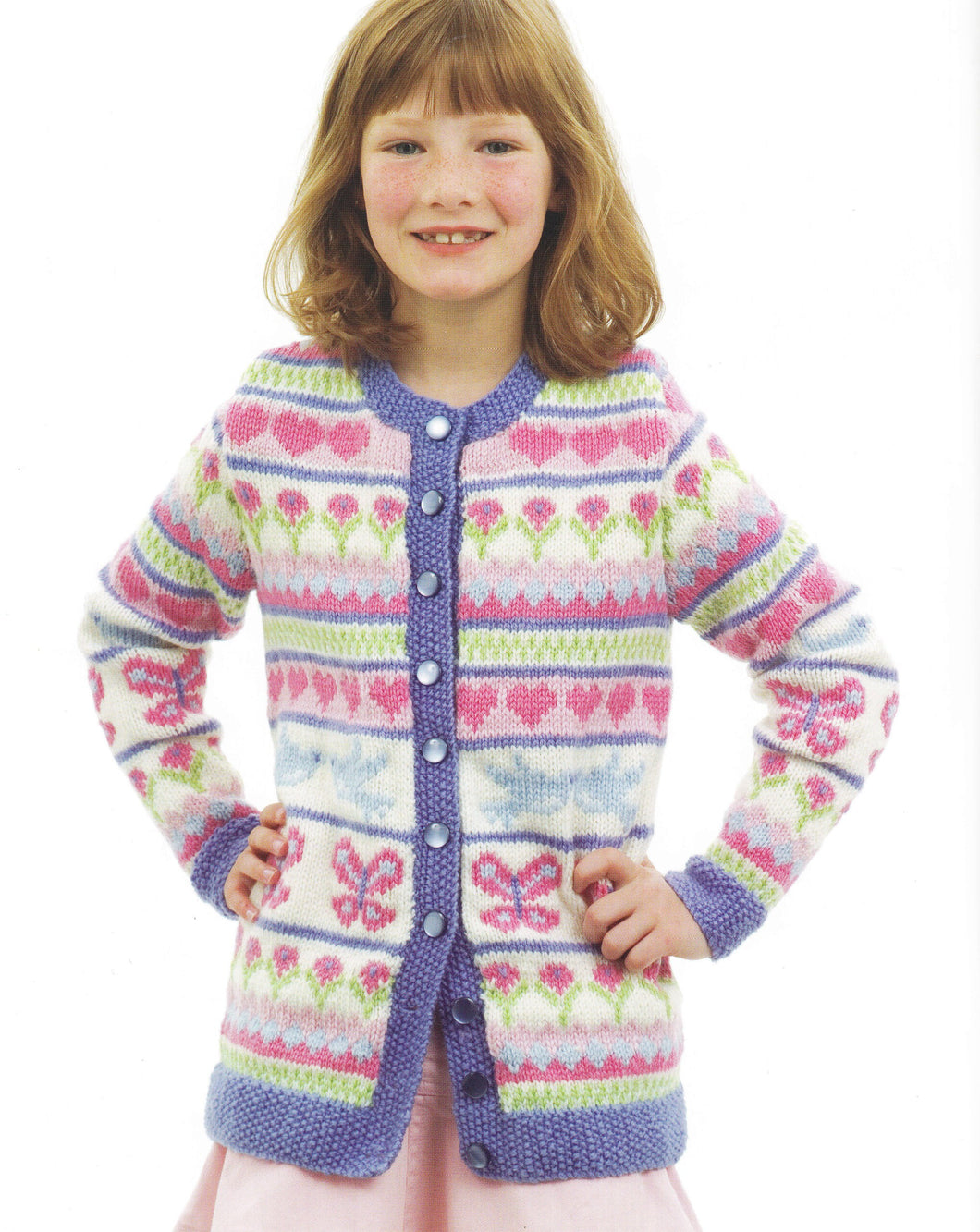Girl's Fair Isle long Cardigan Hearts flowers butterflies in  DK 8Ply Light worsted wool size 4 - 10 years Knitting Pattern Download PDF