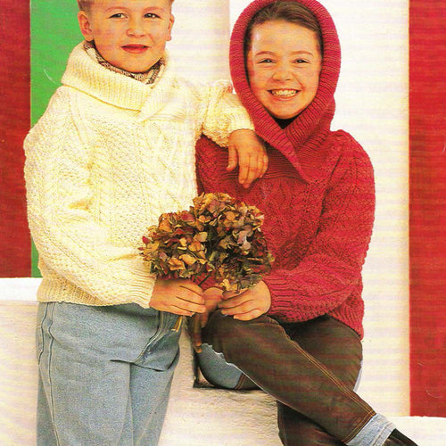 Childrens  sweaters Hooded or Shawl collar- Boys Girl Aran 10 Ply worsted wool Knitting Pattern Download PDF fits 24