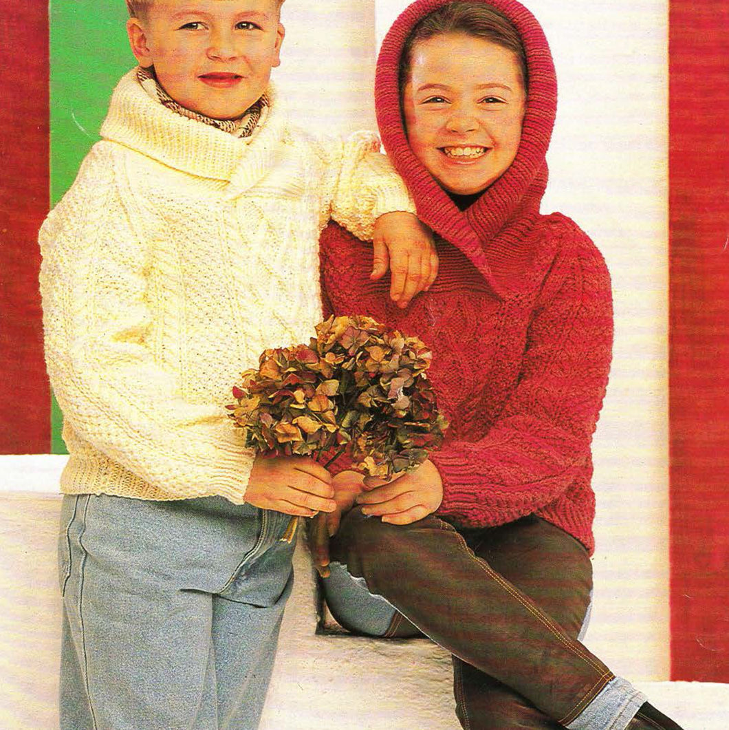 Childrens  sweaters Hooded or Shawl collar- Boys Girl Aran 10 Ply worsted wool Knitting Pattern Download PDF fits 24