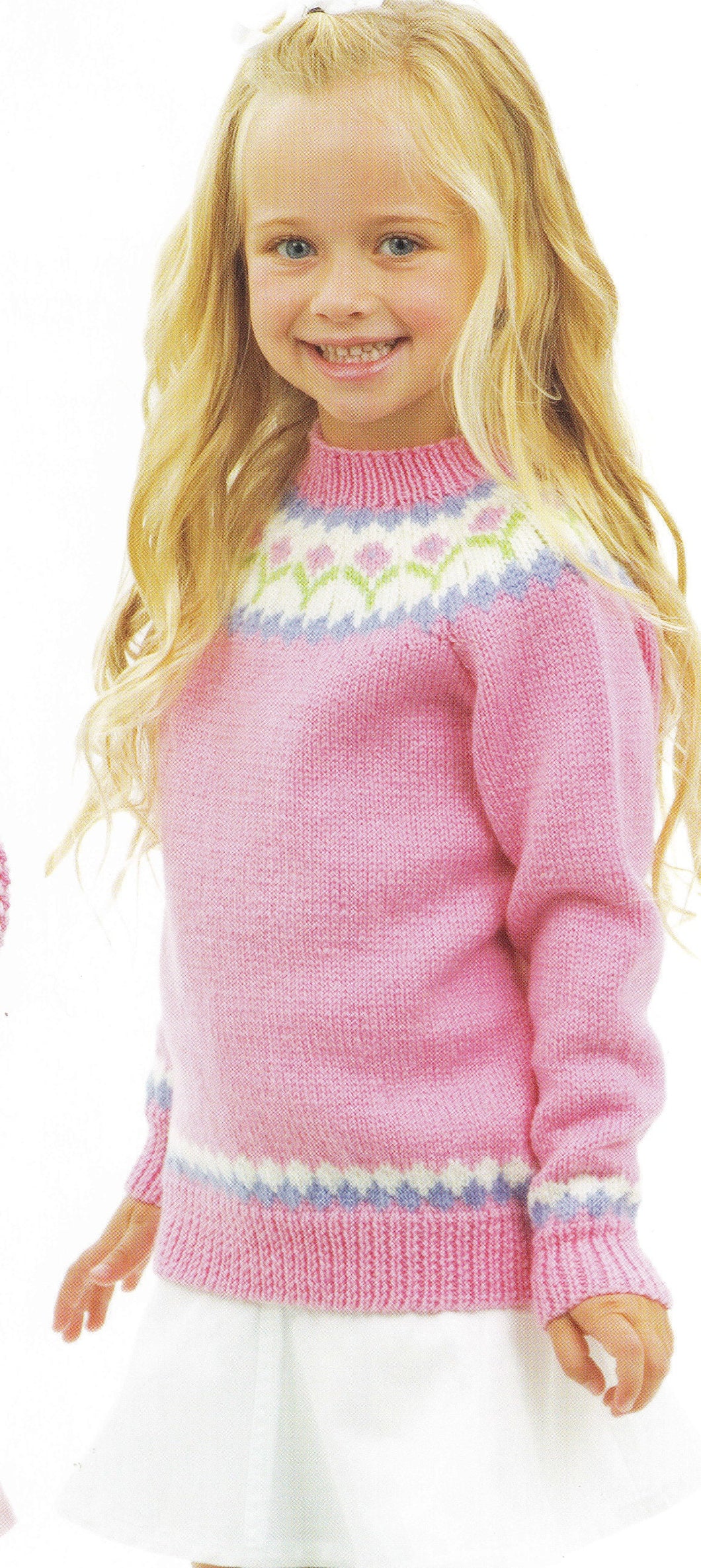 Girl's Fair Isle  Yoked Sweater Jumper flowers in  DK 8Ply Light worsted wool size 4 - 10 years Knitting Pattern Download PDF