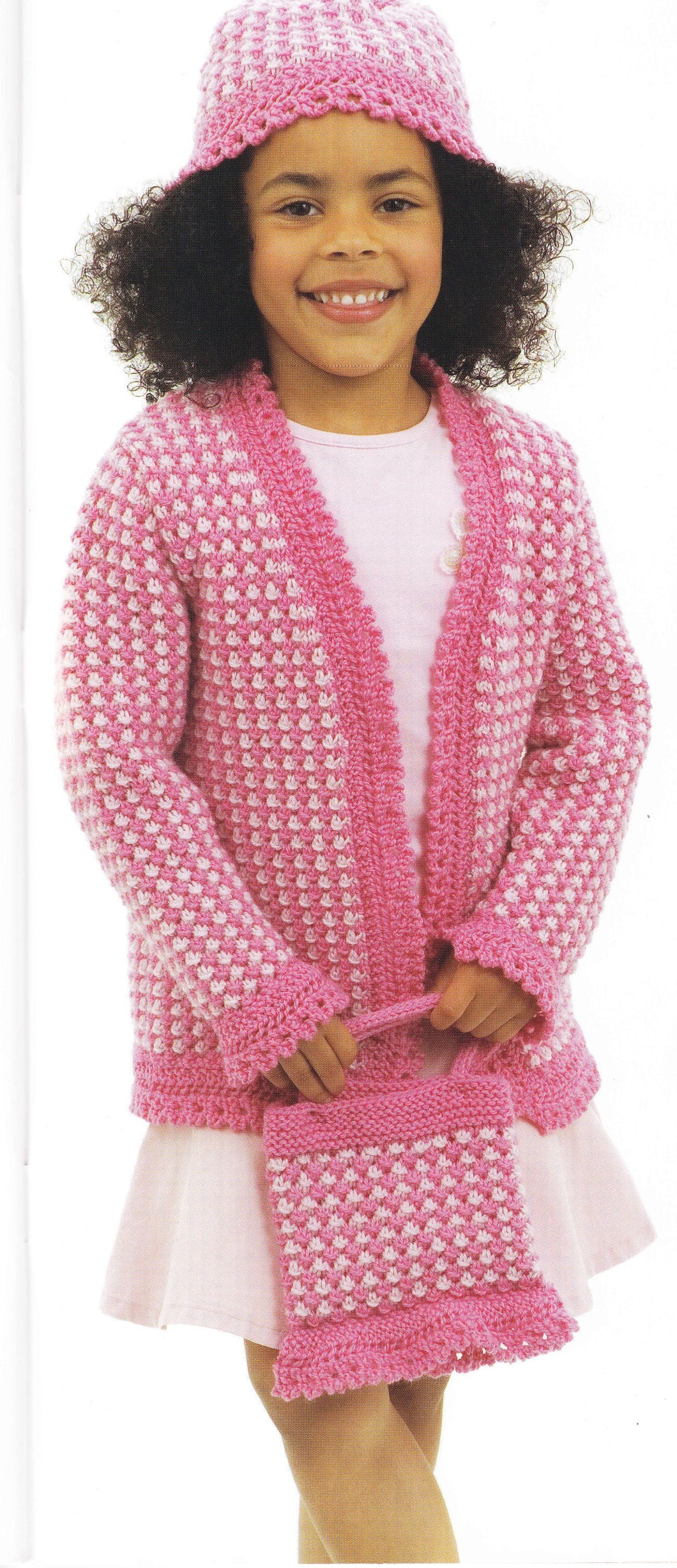 Girl's Edge to Edge Jacket & Cloche Style Hat- with Bag DK 8Ply Light worsted wool size 4 - 10 years Knitting Pattern Download PDF