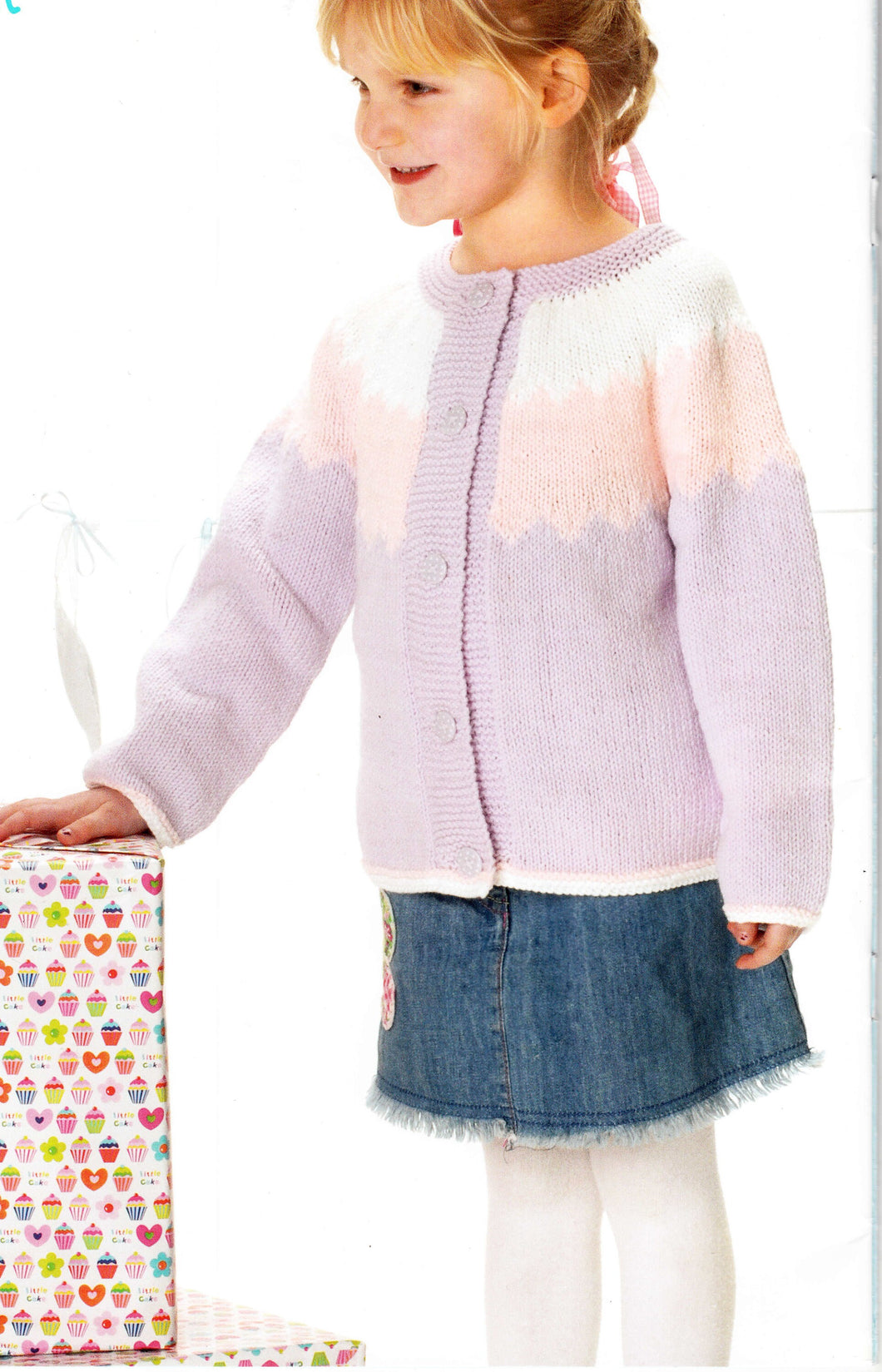 Girls Easy Yoked Cardigan pattern in  DK 8Ply Light worsted wool Round neck long sleeved size 20