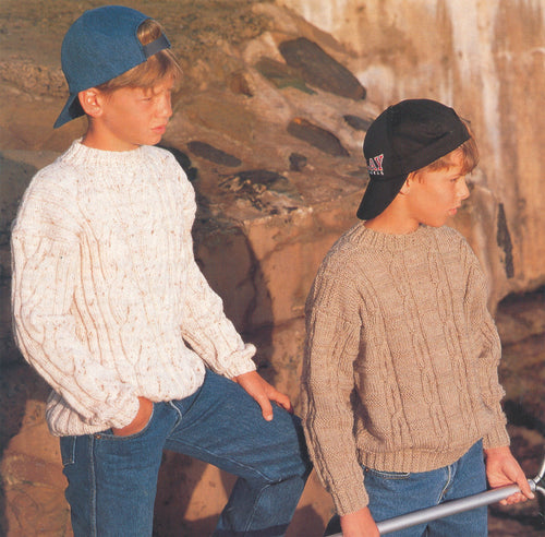Boys sweaters Jumpers  round neck cable  drop shoulder 72 - 92 cm chest (4- 12 yrs) Aran  10 Ply worsted wool  Knitting Pattern download PDF