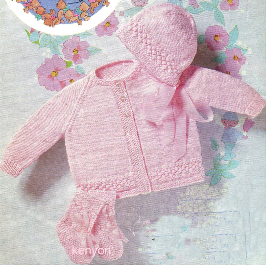 Raglan Sleeve Baby Cardigan & coat Bonnet Bootees Bobble border  Girl  18