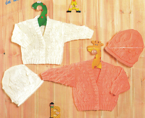 Baby V neck cardigans & Hat flower pattern Dk 8 ply Light worsted wool Premature - 3 yrs( 12