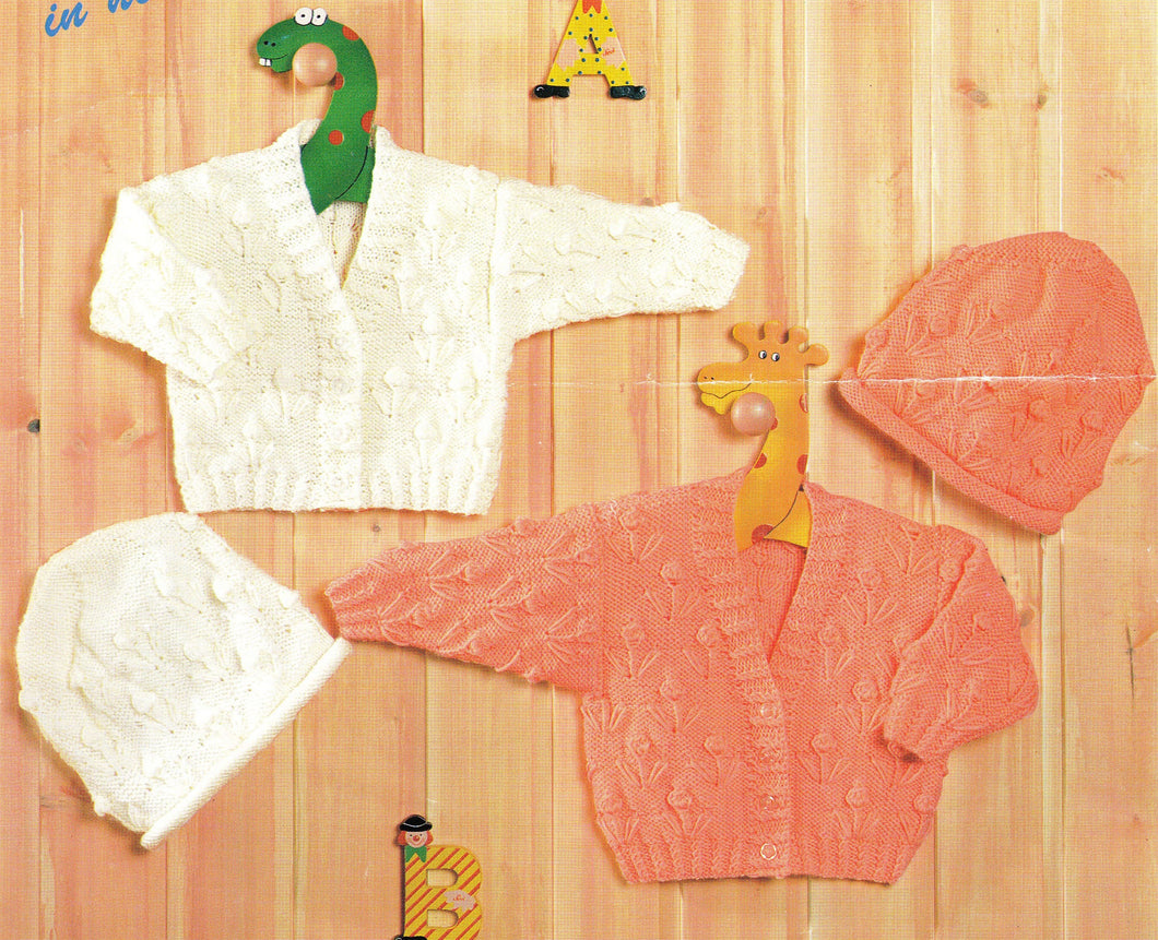 Baby V neck cardigans & Hat flower pattern Dk 8 ply Light worsted wool Premature - 3 yrs( 12
