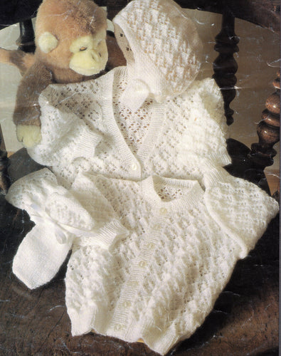 Baby Girl's Lacy Eyelet round V Neck Cardigan Bonnet & Mitts- set in sleeves fits 16