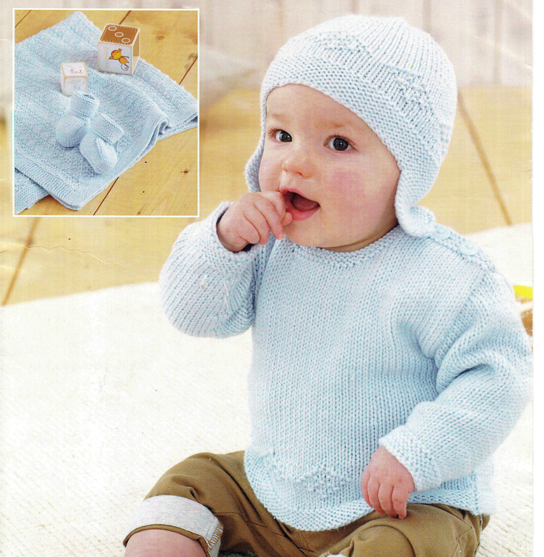 Baby Boy Sweater Helmet Boots & Blanket Button shoulder fastening jumper- Knitting Pattern 16-22
