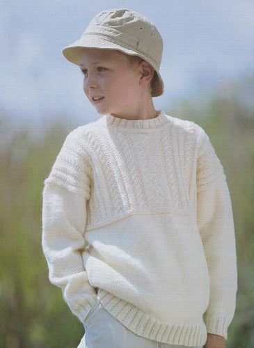 Childrens Guernsey Style round neck Sweater-DK 8 ply Light worsted wool  22-32