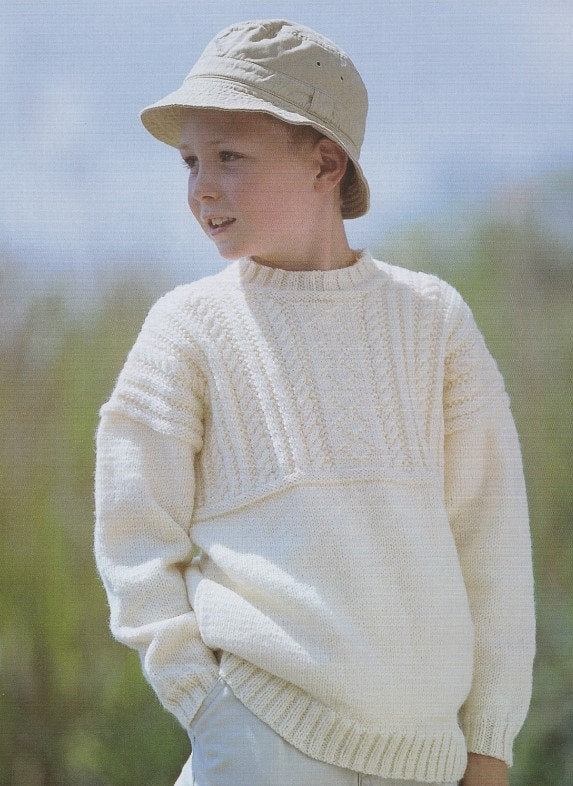 Childrens Guernsey Style round neck Sweater-DK 8 ply Light worsted wool  22-32
