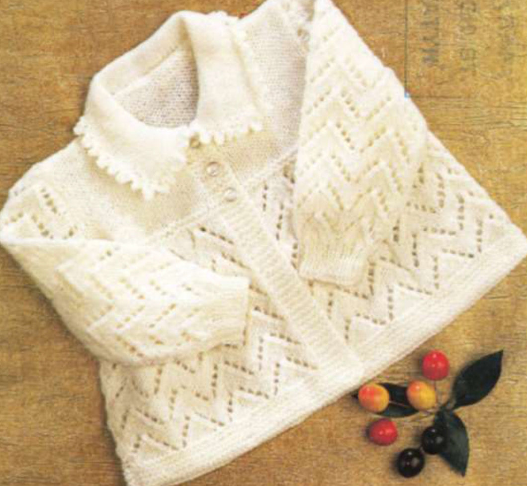 Baby Girl's lacy Matinee coat with Picot collar cardigan Long sleeves- fits 18 - 19