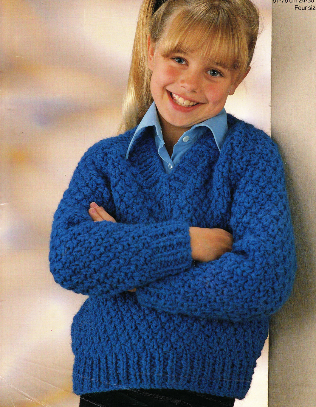 Childrens V neck Super Chunky Sweater-  Super Chunky Super Bulky wool 24-30