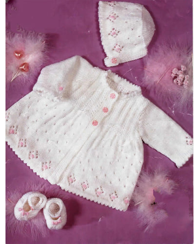 Baby Girl Rosebud matinee Jacket Bonnet Shoes wool 12 - 20