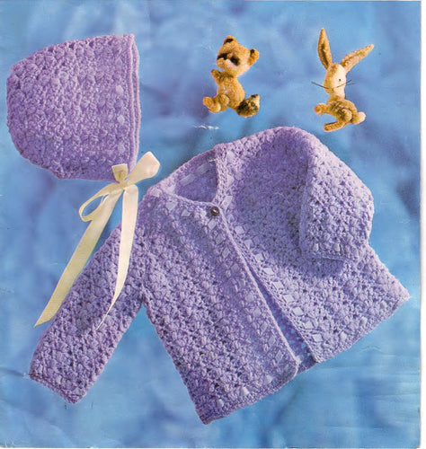 Baby Crochet Cardigan Matinee Jacket  Bonnet Girls-  DK 8 Ply Light fingering wool- 18