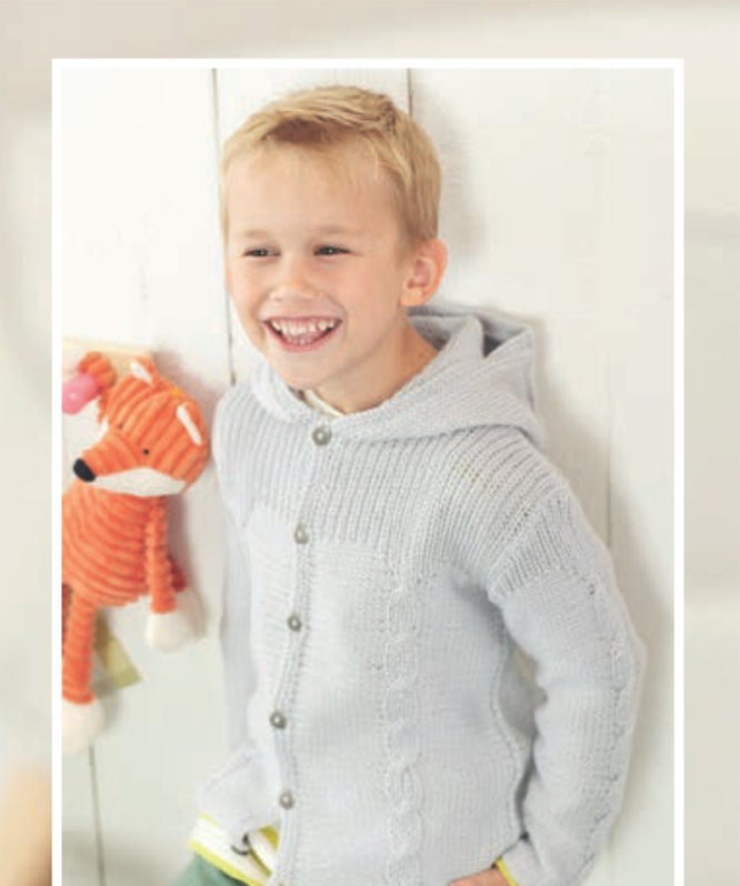 Child's Cable-&  Rib Hooded Jacket  button or Sweater style Boy- Girl- Knitting Pattern  DK 8Ply Light Worsted Instant Download-18-28