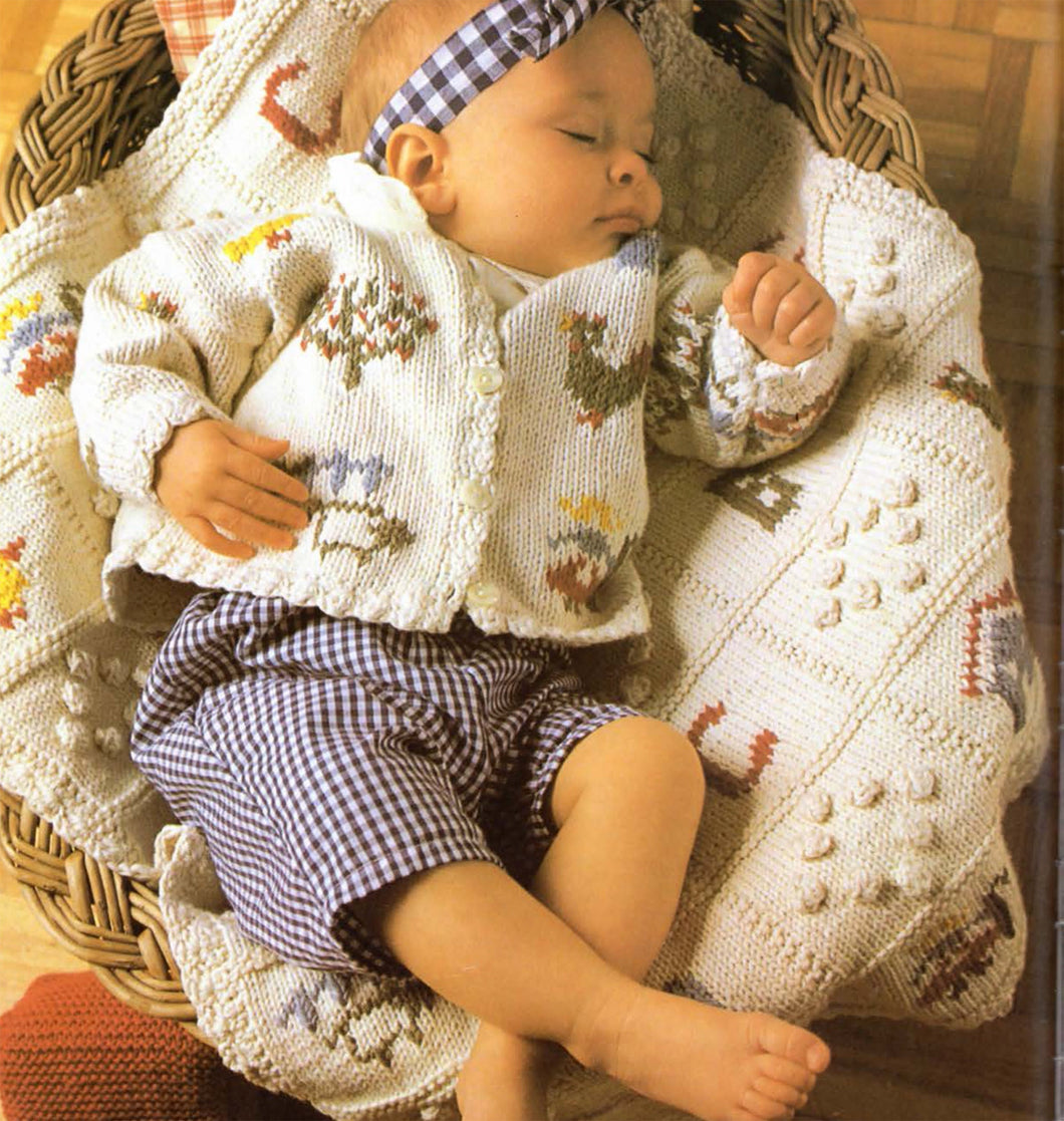 Baby Boy Girl Sweater & Blanket pattern Motifs ABC Chicken doll etc  DK Cotton ( 8 ply ) fits 4 - 9 months Download Knitting pattern PDF