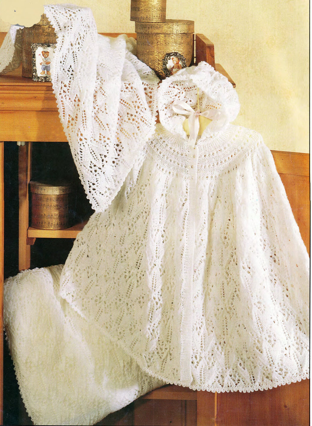 Baby Girl Knitted Christening Hooded cape cot cover & cushion cover 2ply fine wool  - 20
