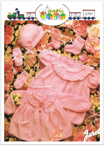 Baby Girl Frilled Yoke Cardigan Dress Hat bonnet bootees & Mitts 4 ply Fingering wool- Knitting Pattern Download PDF 16