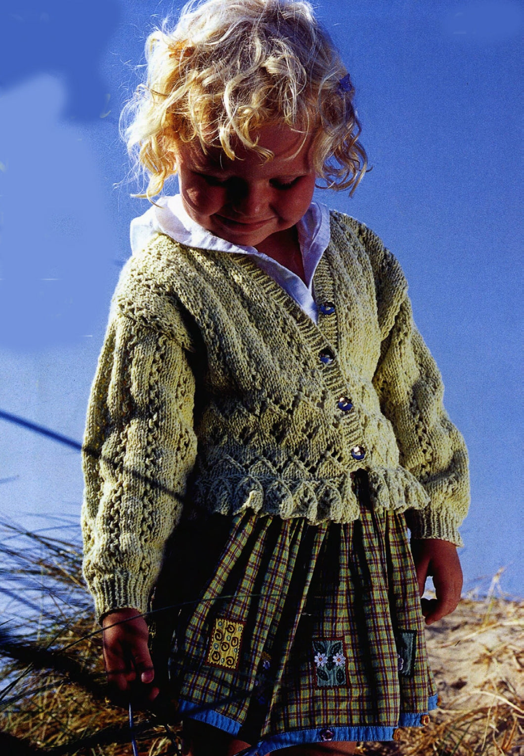 Girl's Frilled Frilled Hem Eyelet lace cardigan V Neck 8ply DK Light Worsted - chest 22-30