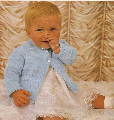 Baby Simple matinee cardigan jacket, picot edging raglan sleeves fits 18-19