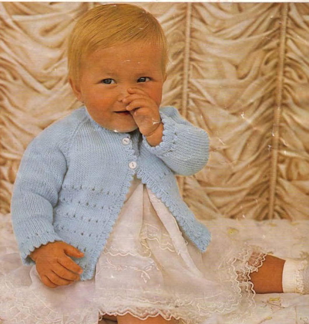 Baby Simple matinee cardigan jacket, picot edging raglan sleeves fits 18-19