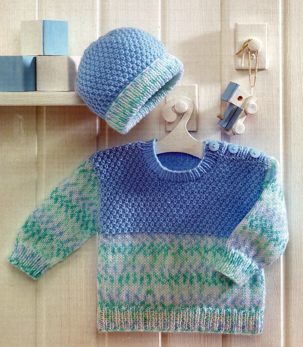 Baby Sweater Jumper Moss stitch & Stocking stitch~ side button neck easy knit 16