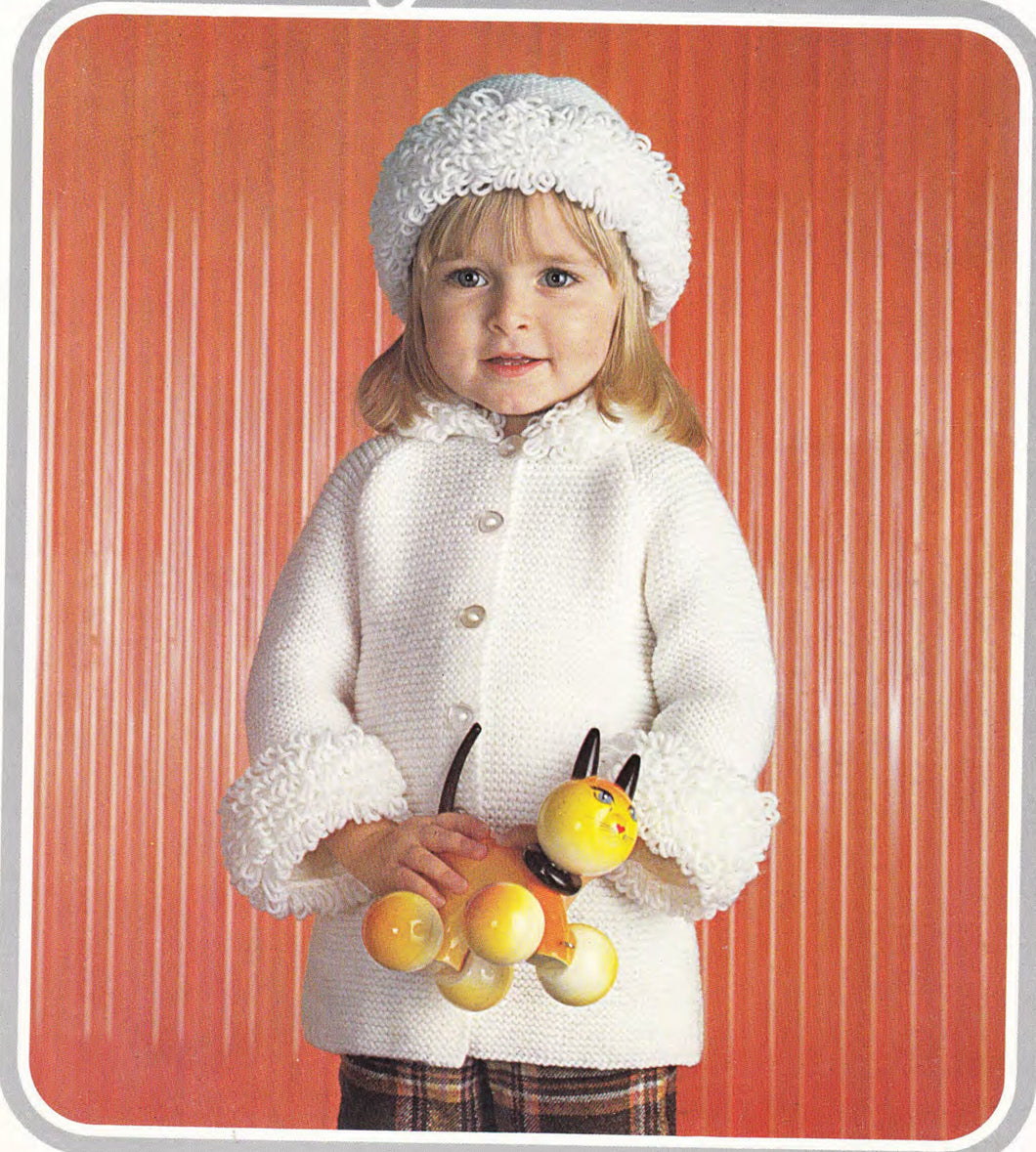 Girls Garter Stitch easy Coat & Hat, loopy Collar Cuffs and hat- DK 8Ply Light worsted wool- 20