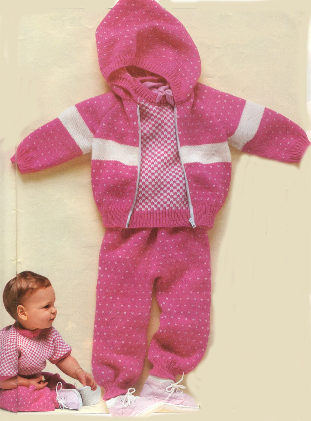 Baby Hooded Jacket, Leggings & Dog tooth short sleeved sweater Knitted in Sportwool 5 ply- Knitting pattern download PDF fits 6 - 18 months