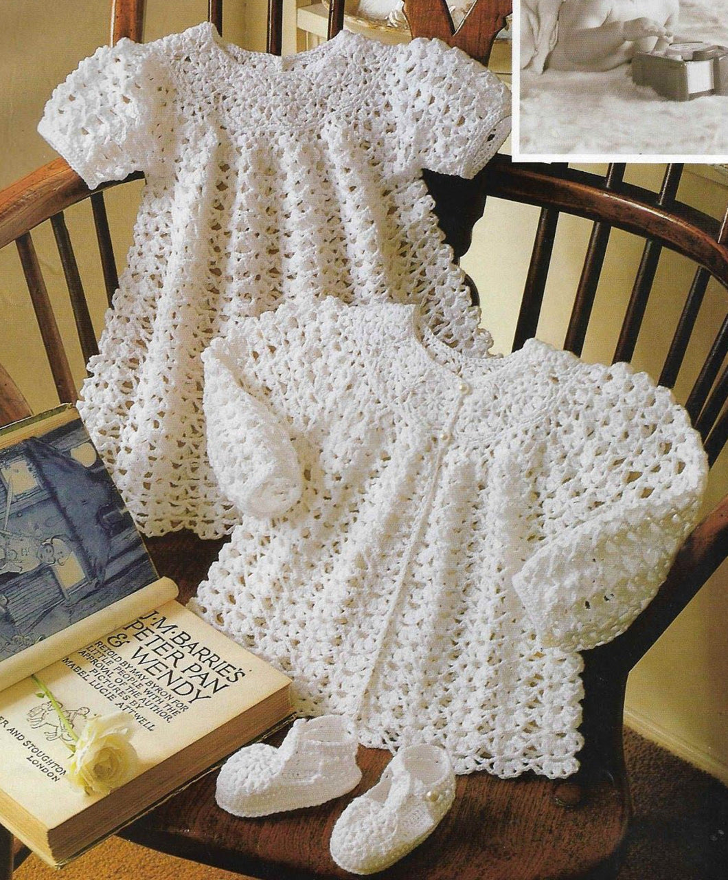 Baby Crochet Matinee Coat Dress & Shoes Christening, puff sleeves Crochet up in 3ply wool  wool- 16 - 20