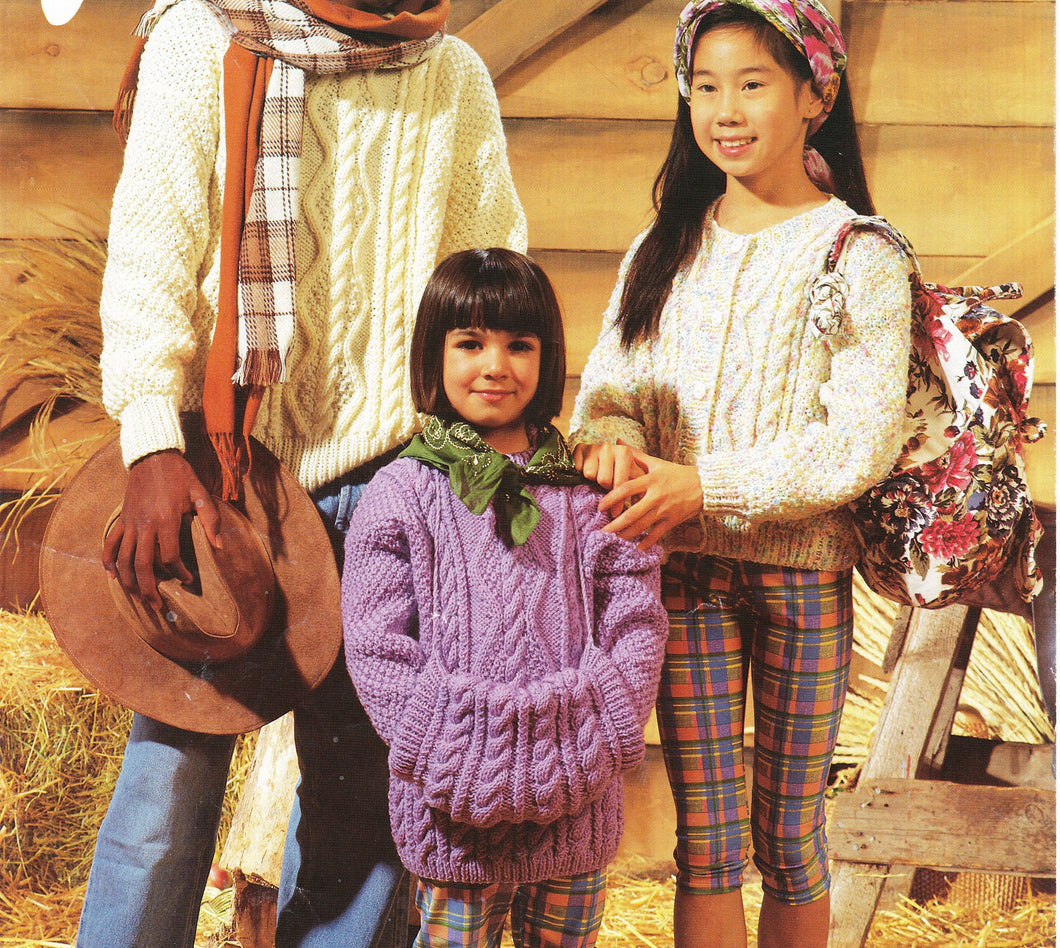 Aran Cardigan Sweater Skirt & Muff Adult Childrens Boys girls,Aran 10 ply Worsted Knitting pattern download PDF sizes 24