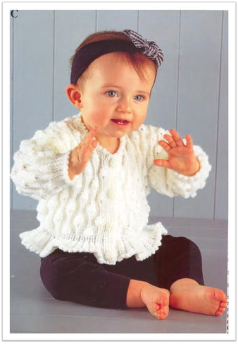 Baby Girls Long sleeved Peplum Border Frilled  Bobbly Cardigan Knitting pattern- Knitted in 8 ply (DK) fits Birth-6 Yrs- 16-28