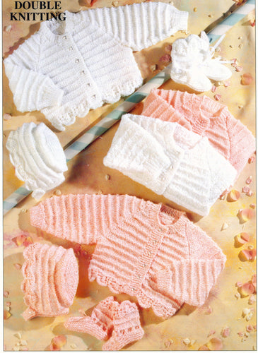 Baby Girl Raglan cardigan bonnets bootees, frilled hem easy Knit DK 8 Ply Light worsted wool 16