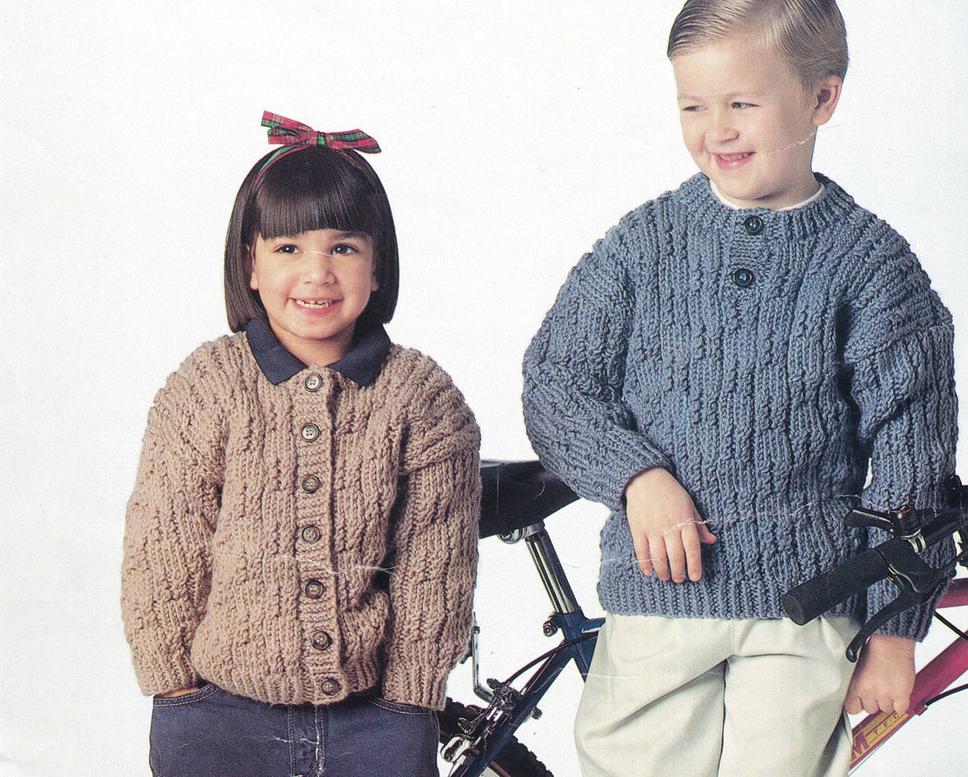 Childrens Twist Check Sweater- Cardigan Pattern Button front  Chunky Bulky wool  Boy Girl 22-30