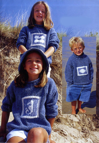 Child's  High Neck Sweaters fish-seahorse-flower motif design Aran 10 Ply worsted wool-1-12 yrs (22-32