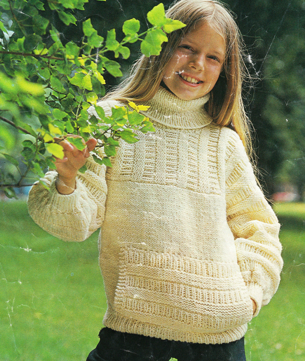 Sweater with Textured Yoke sleeves & Pouch pocket Boys Girls Aran 10 ply worsted wool Knitting pattern Download PDF 25