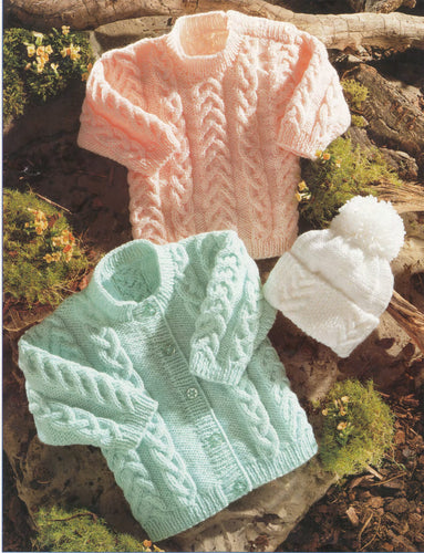 Baby Easy Cable Sweater Cardigan & Bobble hat  Boys Girls Toddler DK ( 8PLY ) Yarn Fits 16